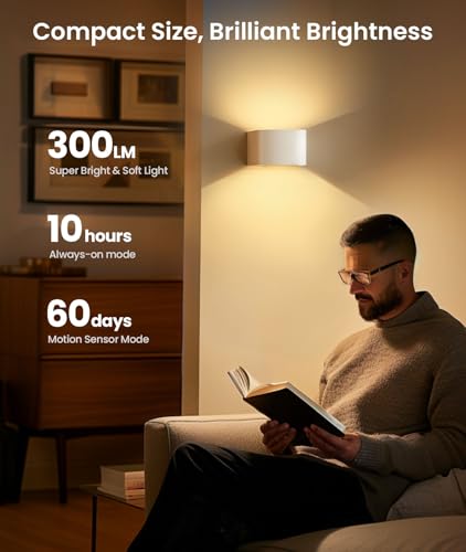 Motion Sensor Wall Light with Remote Control 3 Colors Wireless Wall Sconces LED Indoor Up and Down Wall Lamp 5000mAh Rechargeable Battery Powered Wall Lamps Brightness Adjustable (2 Count)
