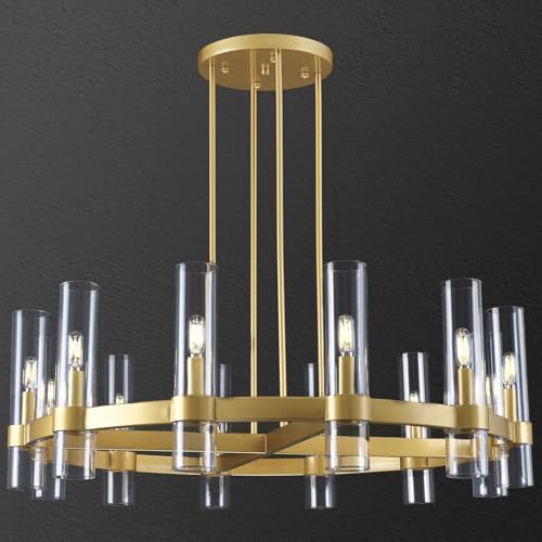 12 Light Brass Round Chandelier 36" Wagon Wheel Chandeliers for Dining Room Light Fixture Clear Glass Tube Chandelier Modern Farmhouse Chandeliers for LivingRoom Foyer
