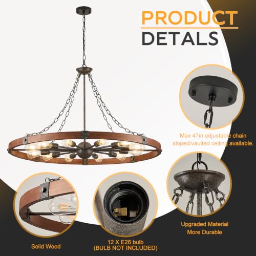 Farmhouse Wagon Wheel Chandelier 43" Walnut Rustic Chandeliers 12