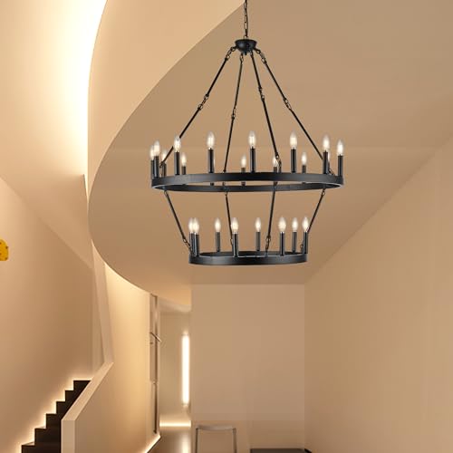 Black Large Chandeliers for High Ceilings Wagon Wheel Chandelier Kitchen Table Lighting 2 Tier 24 Lights Rustic Farmhouse 39.3 Inch for Dining Room Kitchen Island