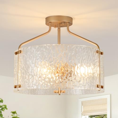 Semi Flush Mount Ceiling Light Fixture Glass Drum Chandelier Entryway Light Fixture 16''Gold Flush Mount Ceiling Lights 3 (3 Count)