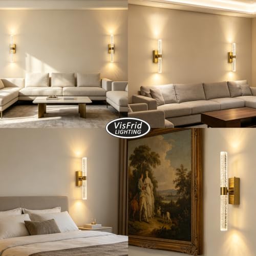 Peel and Stick on Cordless Gold Crystal Wall Sconces with Remote Set of 2