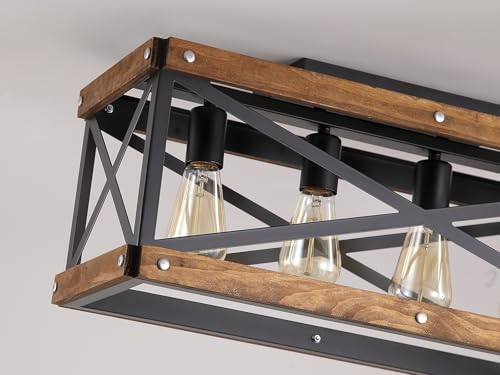 4 Light Large Rustic Farmhouse Wood Flush Mount Ceiling Light Fixture 23.6 inch Oak Wood and Metal Rectangular Track Semi Flush Mount Ceiling Light for Kitchen Living Room Bedroom Indoor