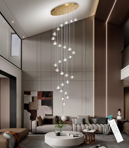 13ft Modern LED Chandeliers for Entryway Living Room Long Light High Ceiling Dining Room Light Dimmable Pendant Lighting Fixtures Chandelier for Foyer Staircase Antique Gold