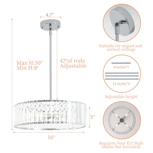 Adjustable Height Modern Chrome Crystal Chandelier 16 Inch (Chrome / 16 in)