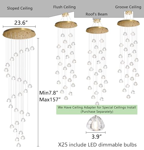157 Inches Long Chandelier Bubble Crystal Balls Glam Chandeliers Dimmable Light High Ceiling Pendants Light Adjustable Large Size Lighting Fixtures Antique Gold