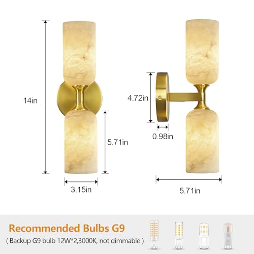 Natural Alabaster Wall Sconces Modern Gold Wall Lamp 14in Milky White Alabaster Vanity Wall Lighting for Bedroom Bathroom Staircases Hallway（Included G9 Bulb