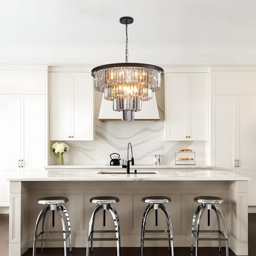24'' Smoke Gray Crystal Chandelier Black Modern Luxury Light Fixture for Dining Room 4