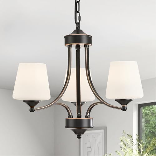 3 Light Farmhouse Chandelier with Milk White Frosted Glass Shades Black Dining Room Light Adjustable Height Ceiling Hanging Light Fixtures for Dinner Table