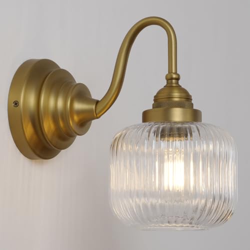 Vintage 2 Lights Clear Ribbed Glass Wall Sconce Lighting Brass Finished