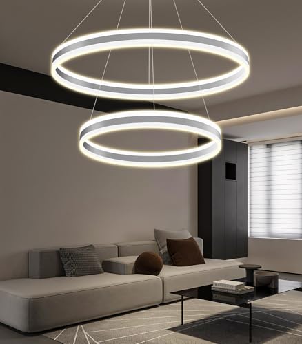 D23.6''+31.5'' Modern Ring Chandelier for Dining Room LED Dimmable Pendant Lighting High Ceiling Chandelier for Living Room Foyer Bedroom Entryway 3000K