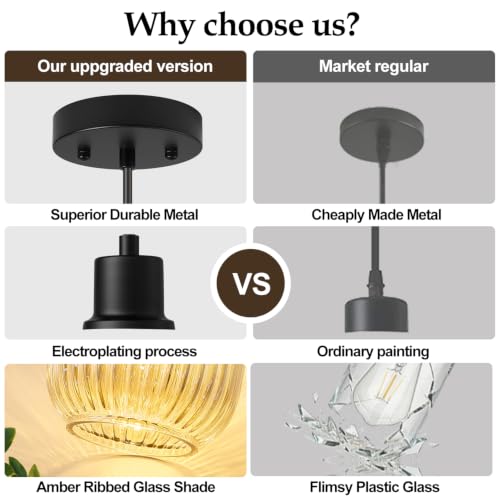 2 Pack Pendant Lights with Vintage Amber Ribbed Glass Lampshade (2 Count)