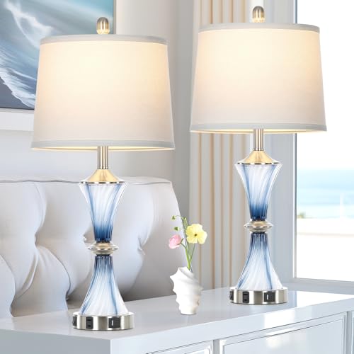 Blue Glass Table Lamp Set of 2 with USB C+A Ports & AC Outlet (2 Count)