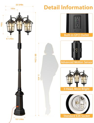3 Head Motion Sensor Outdoor Post Lights with GFCI Outlet