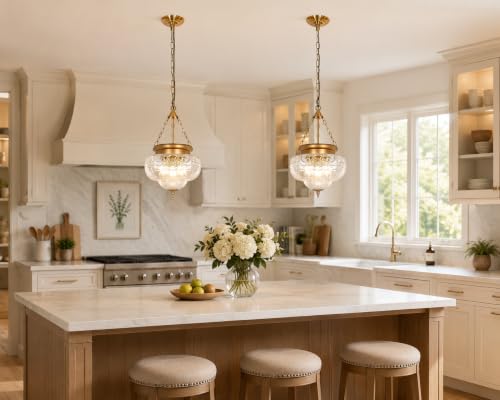 3 Light Brushed Antique Brass Pendant Light Fixtures with 12In Unique Thickened Glass
