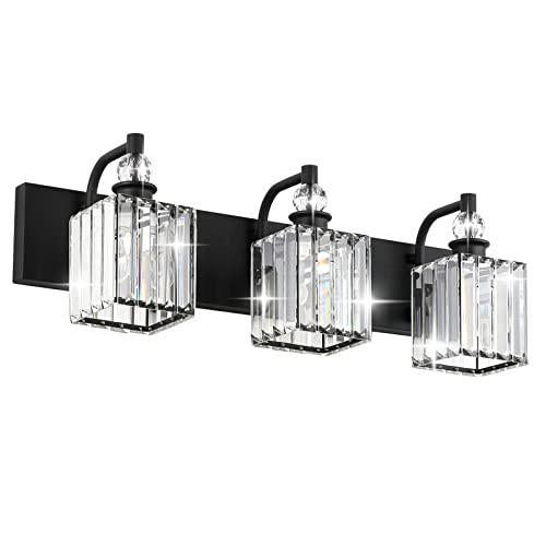 Crystal Black Vanity Light for Bathroom 3 Light 24''Modern Matte Black Bathroom Vanity Lighting Fixtures Over Mirror