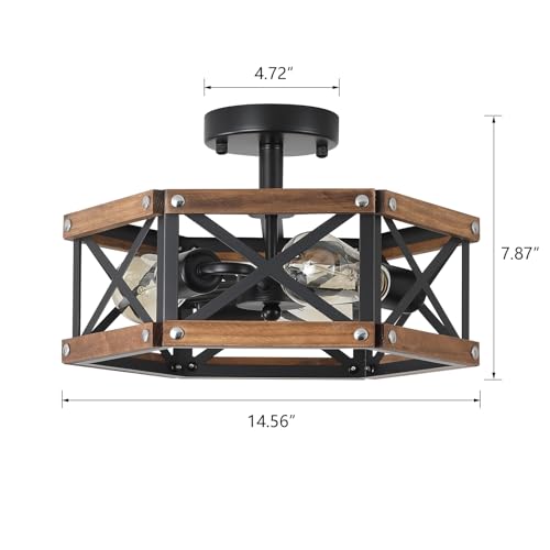 3 Light Rustic Farmhouse Wood Flush Mount Ceiling Light Fixture 14.5 inch Oak Wood and Metal Hexagon Cage Semi Flush Mount Ceiling Light for Hallway Hall Entry Bedroom Kitchen Farmhouse