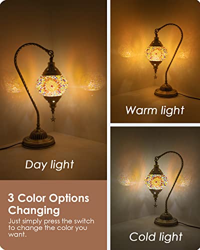 Turkish Moroccan Lamp with Bronze Base 3 Color Options Handmade Swan Neck Mosaic Glass Bedside Lamps for Bedroom