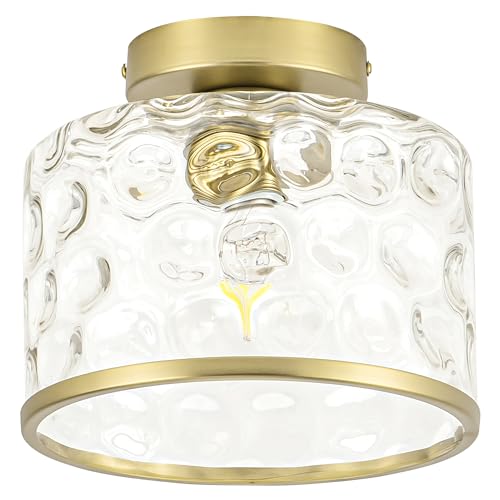 Gold Flush Mount Ceiling Light with Clear Hammered Glass lampshade