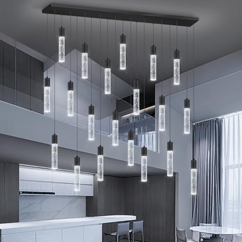20 Lights Modern Crystal Rectangular Chandeliers LED Pendant Light for Kitchen Island High Ceiling Chandelier for Dining Room Entrance Foyer Living Room Black