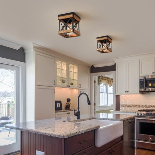 Rustic Farmhouse Wood Flush Mount Ceiling Light Fixture Oak Wood and Metal Square Cage Small Semi Flush Mount Ceiling Light for Kitchen Hallway Entryway Bedroom Farmhouse Country