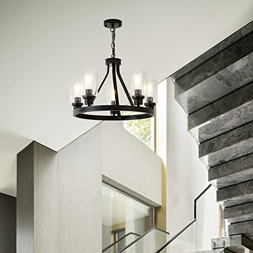 Farmhouse Chandelier Lighting Round 5 Lights Black with Glass Shade Ceiling Hanging Vintage Rustic Light Fixture for Dining Room Living Room Foyer Porch Kitchen Island