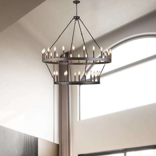 Rustic Farmhouse Wagon Wheel Chandelier Large Chandeliers for High Ceilings Oil Rubbed Bronze 2 Tier 36 Lights 48 Inch for Dining Room Living Room Foyer Porch Kitchen Island