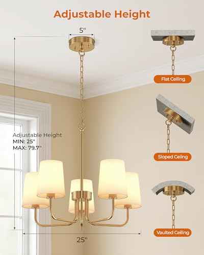 Chandeliers for Dining Room, 5-Light Gold Chandelier Light Fixture, E26 Base-Dining Room Light Fixtures Over Table with White Shade, Farmhouse Chandelier for Bedroom Living Room Foyer Entryway