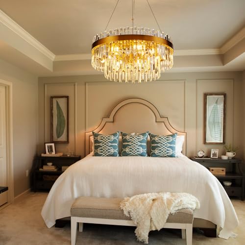 23.6" Brushed Gold Round Crystal Chandelier Dining Room Living Room