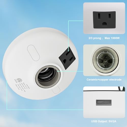 3-in-1 2 Pack Light Socket Adapter with USB (5V/2A) & Outlet - E26/E27 Bulb to Power Outlet Converter, USB Charger Port, 3-Prong US Plug for Cameras, Projectors, Smart Devices (2 Count)