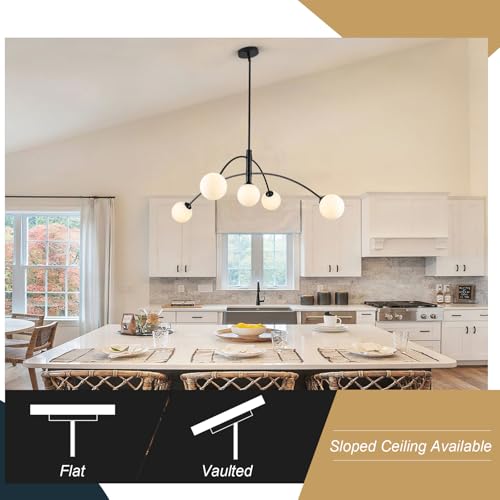 Modern Chandelier 5 Light Black Glass Globe Chandelier Mid Century Sputnik Ceiling Light Fixtures for Dining Room Kitchen Island Bedroom Living Room 41.3IN Diameter