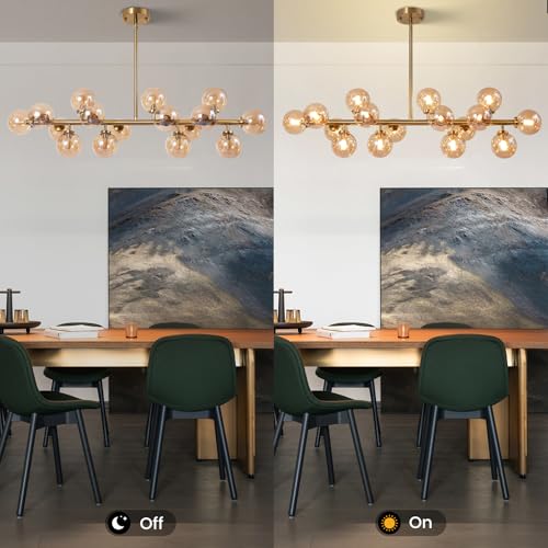 Modern Gold Chandelier Rectangle Pendant Light Ammber Globe Glass Sputnik Chandeliers Hanging Light Fixture 16