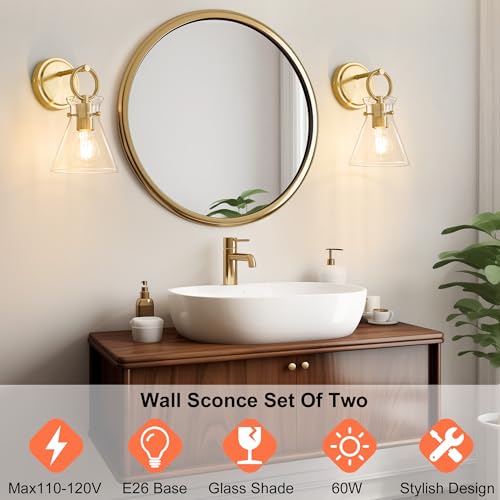 Gold Wall Sconces Set of 2 Vanity Light Fixture for Bathroom
