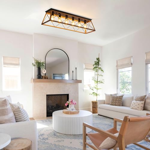 38” Farmhouse Large Flush Mount Ceiling Light Fixture with Walnut Finish