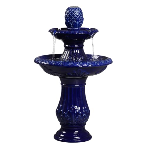 2 Tier Dark Blue Ceramic Pedestal Fountain