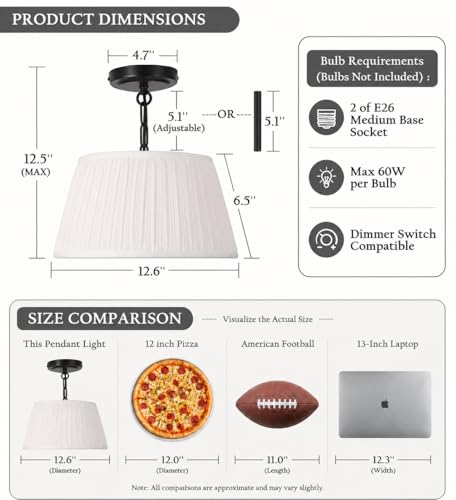 12.6”Dia White Pleated Drum Shade Close to Ceiling Light Fixture