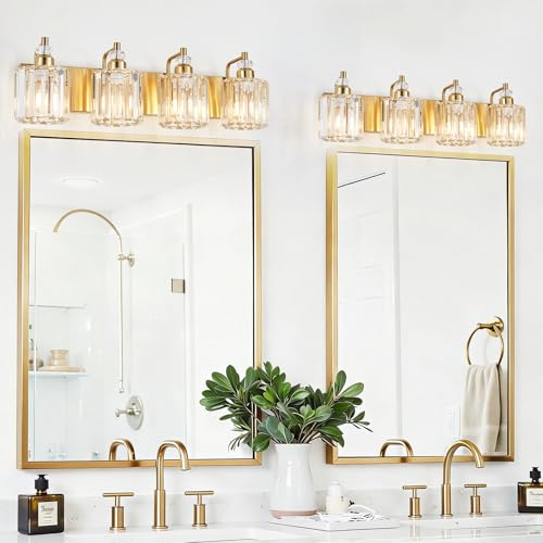4 Light Modern Vanity Lights Brushed Brass Bathroom Light Fixtures Over Mirror Gold Bathroom Vanity Lighting with Crystal Shade E26 Base Wall Sconce for Bedroom Living Room Restroom Wall Lamp