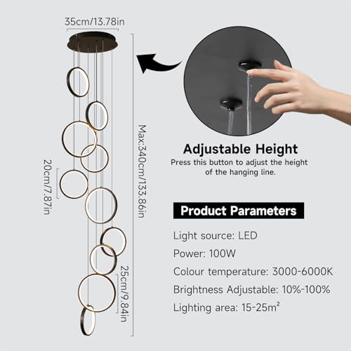 Modern 10 Ring Black LED Chandelier for High Ceilings and Foyers