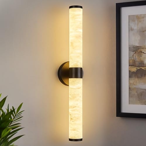 Natural Alabaster Wall Sconces Modern Black LED Wall Lights 24" Spanish Marble Cylinder Sconces for Living Room Bedroom Bathroom Hallway