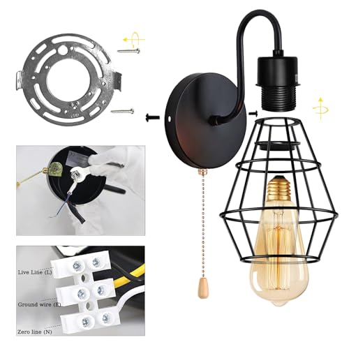 Pull Chain Wall Sconce Black Wire Cage Lamp Shade