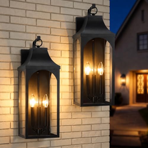22-Inch 3-Light Outdoor Porch Wall Lantern, Black Exterior Light (2 Count)