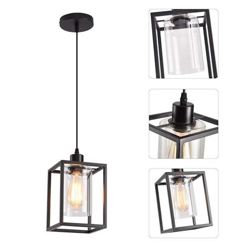 Black Pendant Lights for Kitchen Island Industrial Lantern Pendant Light Fixtures with Clear Glass Shade (2 Count)