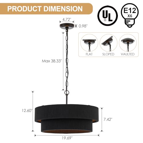 20” Black Hand Woven Rattan Chandelier Boho Pendant Light Adjustable Modern Pendant Light for Kitchen Island Dining Living Room