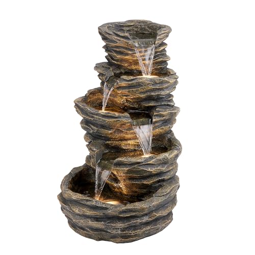 39" Tall Outdoor 5 Tiered Natural Look Rock Water Floor Fountain with Replaceable Lights