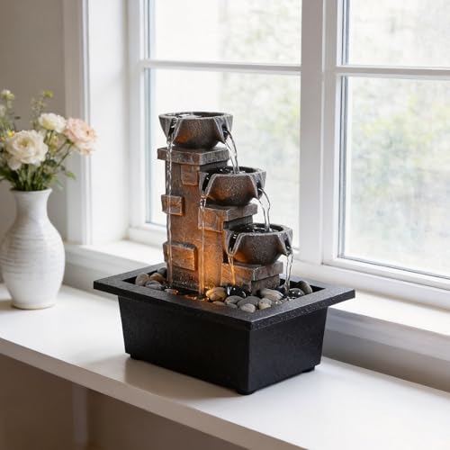 3 Tier Stone Wall Tabletop Water Fountain with Natural River Rocks