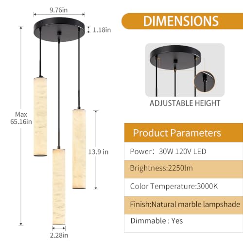 Black Natural Alabaster Long Tube Kitchen Island Pendant Lights