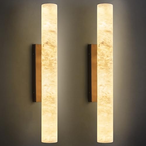 Natural Alabaster Wall Sconces Set of Two Spanish Marble Wall Light Cylinder Modern Black LED Sconce for Living Room Bedroom Bathroo Stairs（M (2 Count)