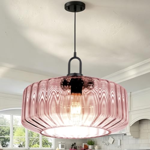 Large Glass Pendant Light Ribbed Pink Ceiling Hanging Light Fixture