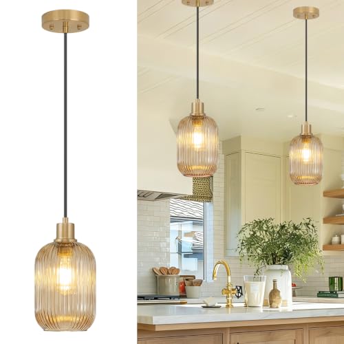 1 Pack Pendant Lights with Vintage Amber Ribbed Glass Lampshade