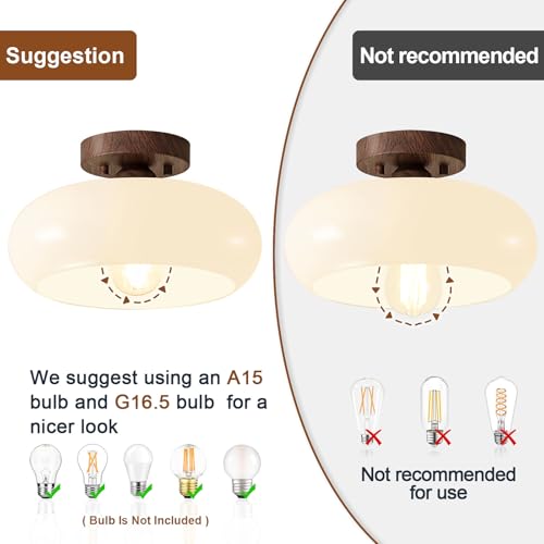 Mid Century Modern Faux Walnut Wood Semi Flush Ceiling Light 11.0 Inch